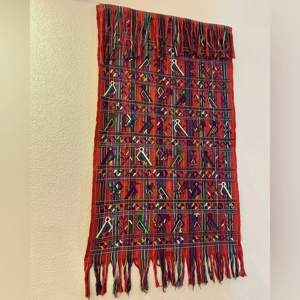 Vintage Guatemalan Ceremonial‎ Textile Red Bird Embroidery Folk Art Wall Hanging